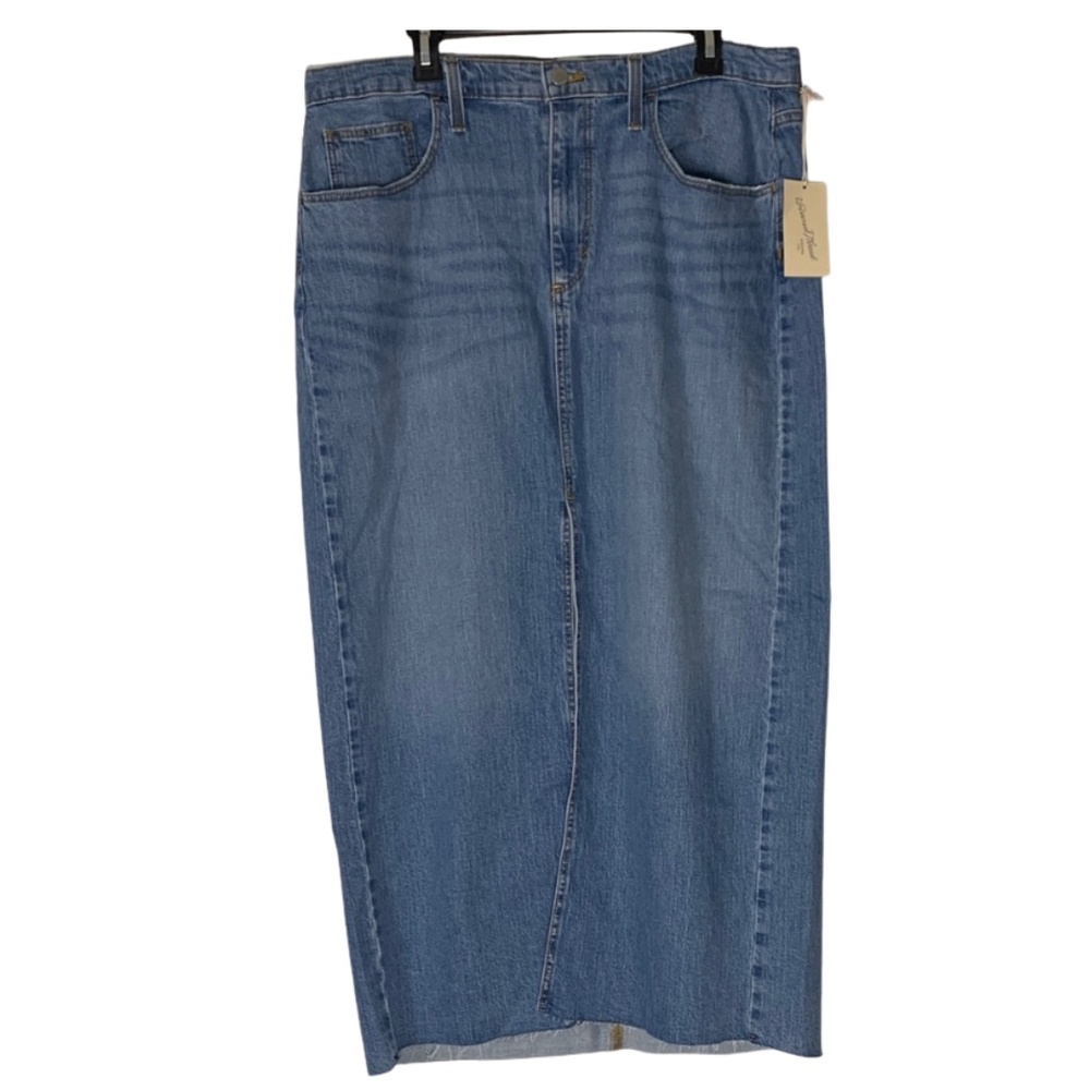 Long Denim Maxi Skirt with Back Slit Women’s 16 Raw Hem Boho Minimalist
